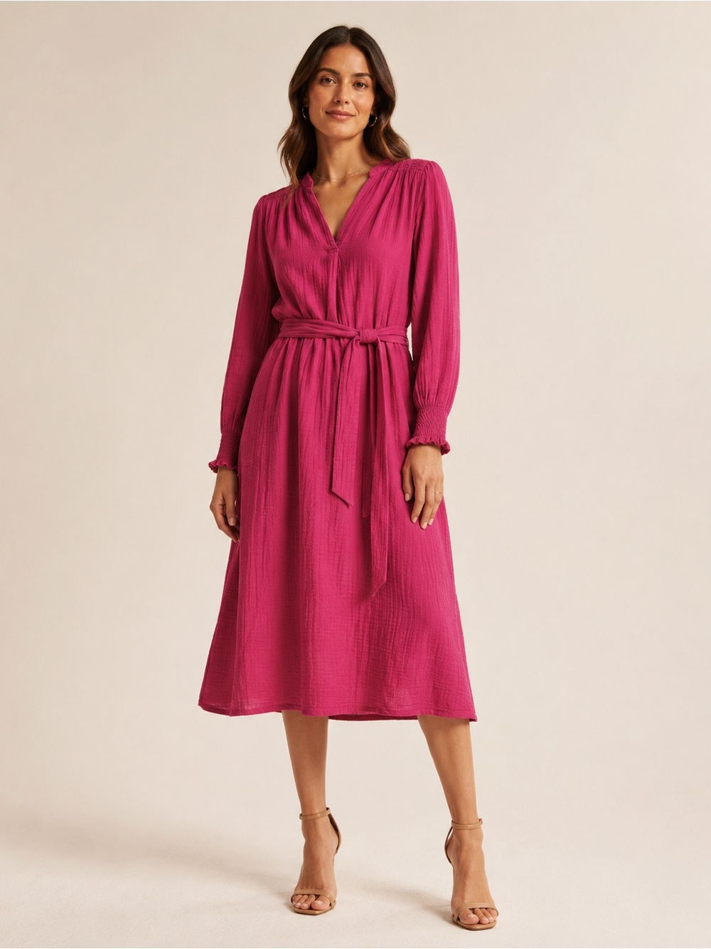 Xirena Janey Gauze dress Long Sleeve Belted Midi hot pink fuchsia S